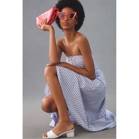 NEW Anthropologie Maeve Blue Chevron Striped Strapless A-Line Dress Medium - Picture 4 of 7